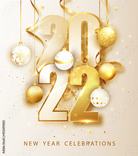 Happy new year 2022. Holiday vector illustration of numbers 2022. Gold Numbers Design of greeting card.