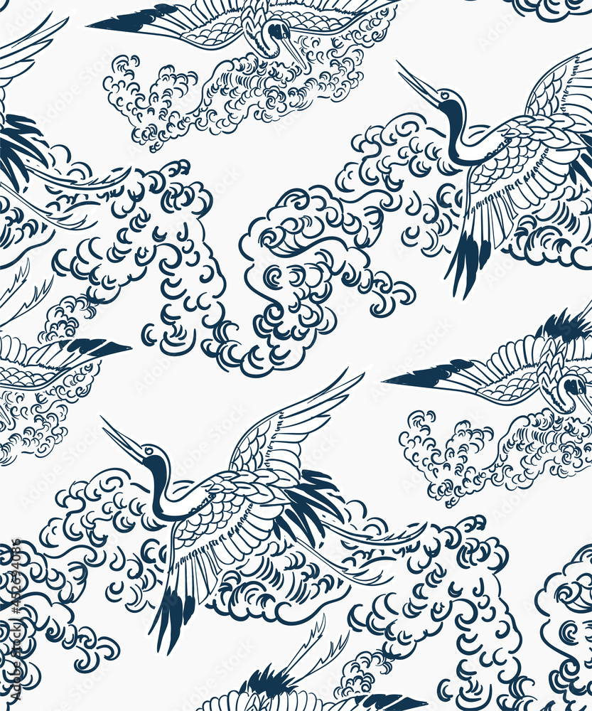 cran japanese chinese design sketch ink paint style card seamless pattern cran japanese chinese design sketch ink paint style card seamless pattern
