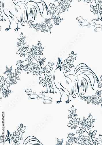 rooster japanese chinese design sketch ink paint style card seamless pattern
