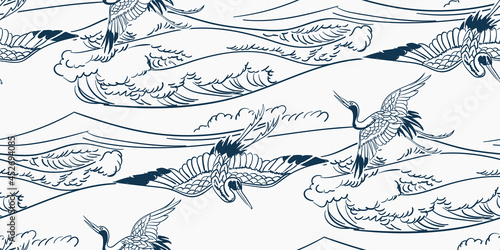 cran japanese chinese design sketch ink paint style card seamless pattern