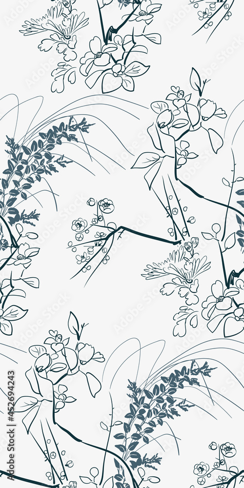 flower japanese chinese design sketch ink paint style card seamless pattern
