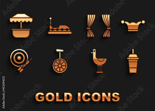 Set Unicycle or one wheel bicycle, Jester hat with bells, Paper glass drinking straw and water, Riding kid duck, Classic dart board arrow, Curtain, Attraction carousel and Bumper icon. Vector