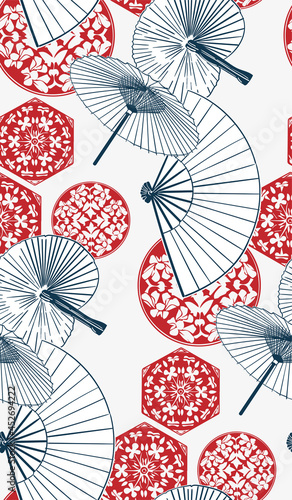 fan flower japanese chinese design sketch ink paint style card seamless pattern