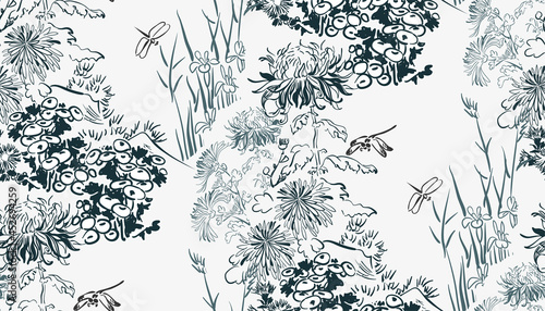 flower japanese chinese design sketch ink paint style card seamless pattern