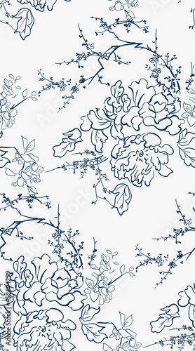 flower japanese chinese design sketch ink paint style card seamless pattern