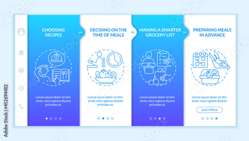 Menu planning basics onboarding vector template. Responsive mobile website with icons. Web page walkthrough 4 step screens. Healthy meal step by step color concept with linear illustrations