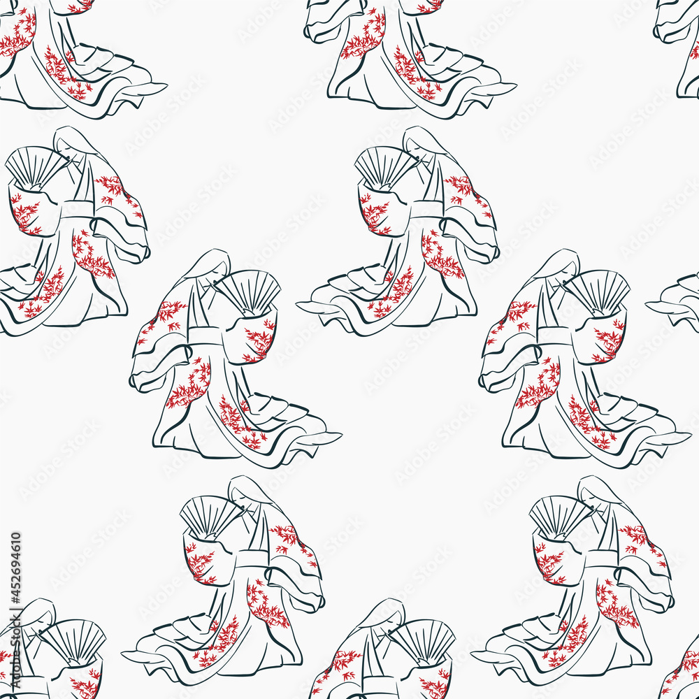 komono woman girl japanese chinese design sketch ink paint style card seamless pattern komono woman girl japanese chinese design sketch ink paint style card seamless pattern