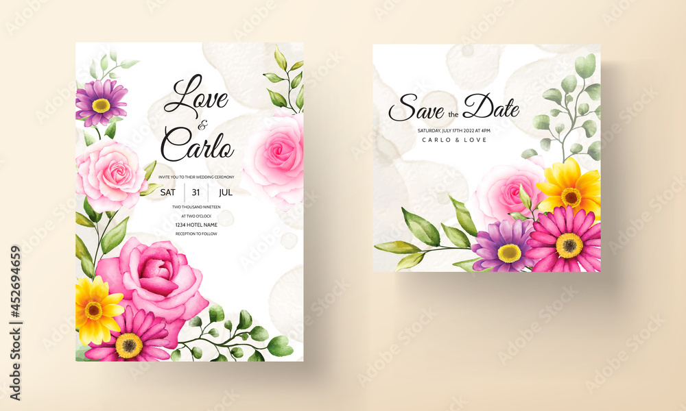 Beautiful hand drawing watercolor flower wedding invitation card