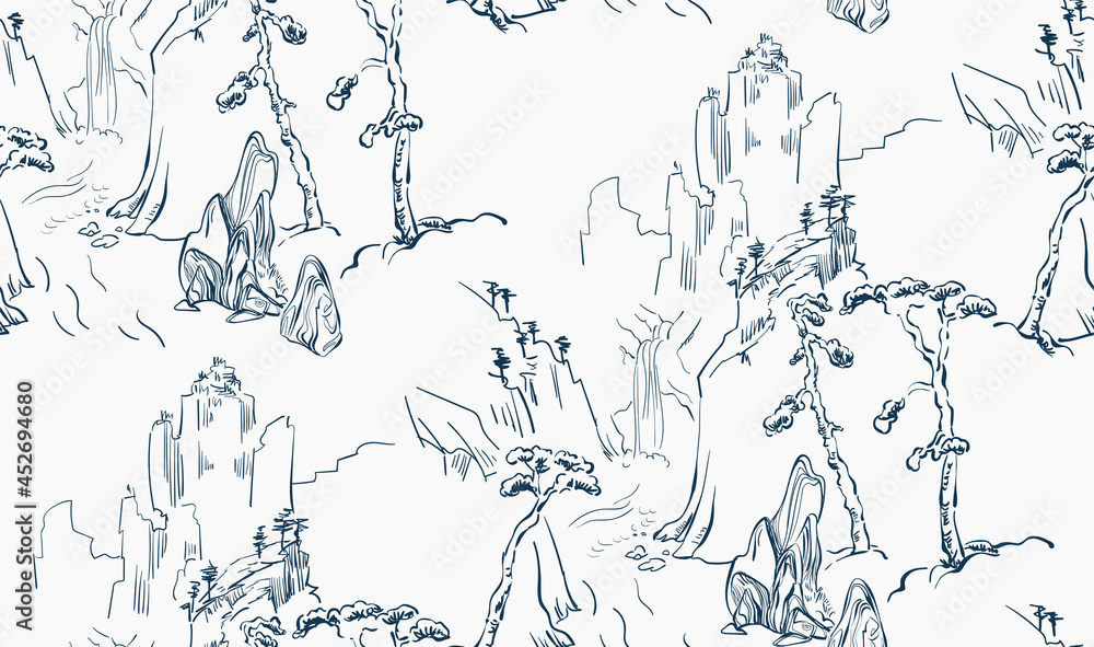 mountain landscape asian chinese japanese engraved vector seamless pattern mountain landscape asian chinese japanese engraved vector seamless pattern