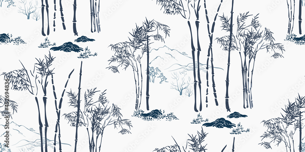 mountain landscape asian chinese japanese engraved vector seamless pattern