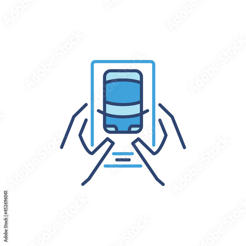 Driverless Car connected via Smartphone vector blue icon