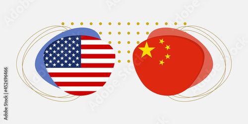 China and USA flags. Chinese and American national symbols with abstract background and geometric shapes. Vector illustration.