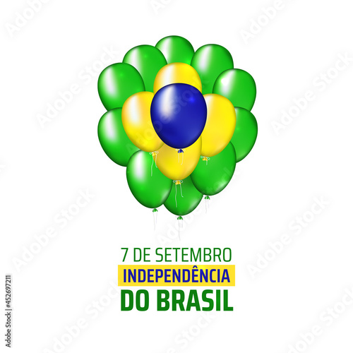 7 september, brazil independence day, balloons brazilian flag colors on white background. National holiday. Vector greeting card template. Translation: 7 September, Brazil Independence Day