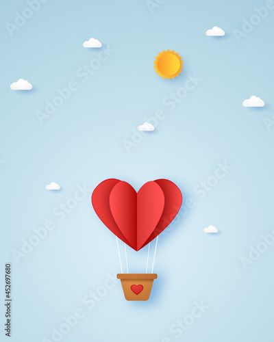 Valentines day, Illustration of love, red heart hot air balloon flying in the sky, paper art style