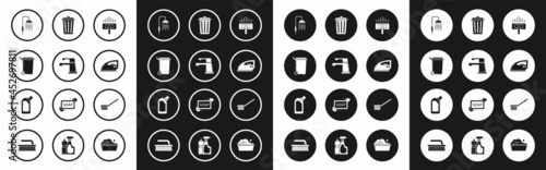 Set Vacuum cleaner, Water tap, Trash can, Shower head with water drops flowing, Electric iron, Toilet brush and Plastic bottles for liquid dishwashing liquid icon. Vector