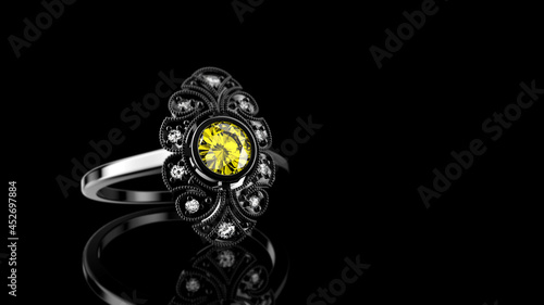 Classic Ladies Luxury Antique Ring with Large Center Stone and diamonds. 3D rendering