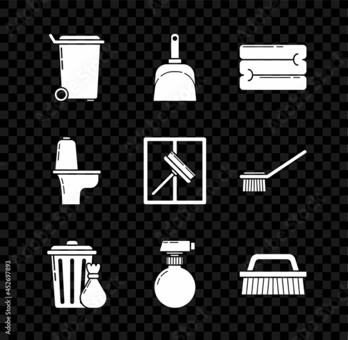 Set Trash can, Dustpan, Towel stack, and garbage bag, , Brush for cleaning, Toilet bowl and Squeegee, scraper, wiper icon. Vector