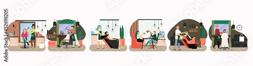 Hair and beauty salon, barbershop scene set, flat vector illustration. Manicure, hairstyle, haircut. Hairdressing saloon