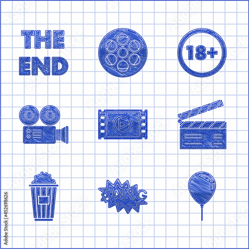Set Play Video, Bang boom text speech bubble balloon, Balloon with ribbon, Movie clapper, Popcorn in cardboard box, Cinema camera, Under 18 years and The End handwritten inscription icon. Vector