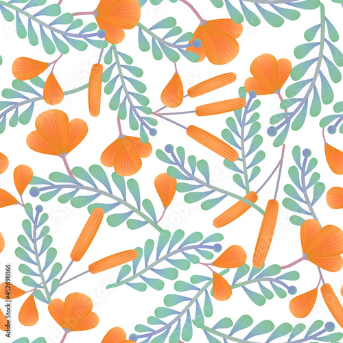 Vector Summer Wild Flower Seamless Fabric or Wrapping Paper Pattern, Orange and Blue. 