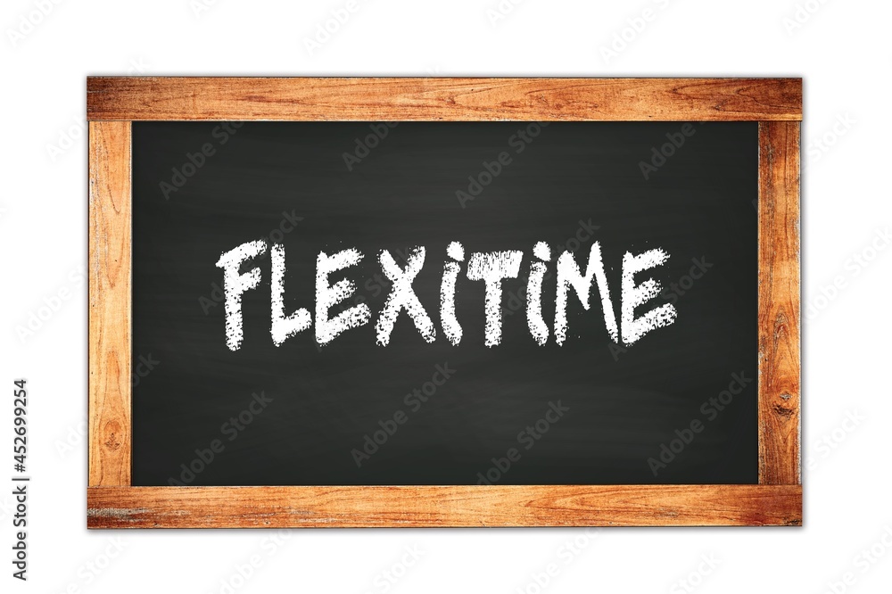 FLEXITIME text written on wooden frame school blackboard. FLEXITIME text written on wooden frame school blackboard.