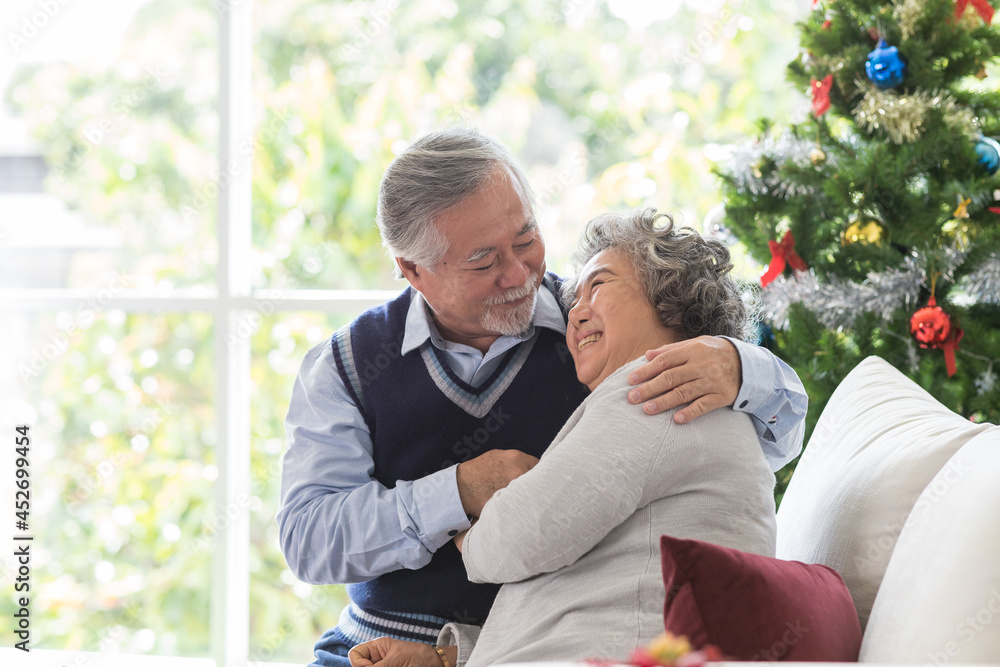 Fototapeta premium Happy Asian senior man embracing his wife on Christmas day at home. Senior couple spending time together with Christmas tree. Merry Christmas and Happy Holidays. Christmas holiday celebration