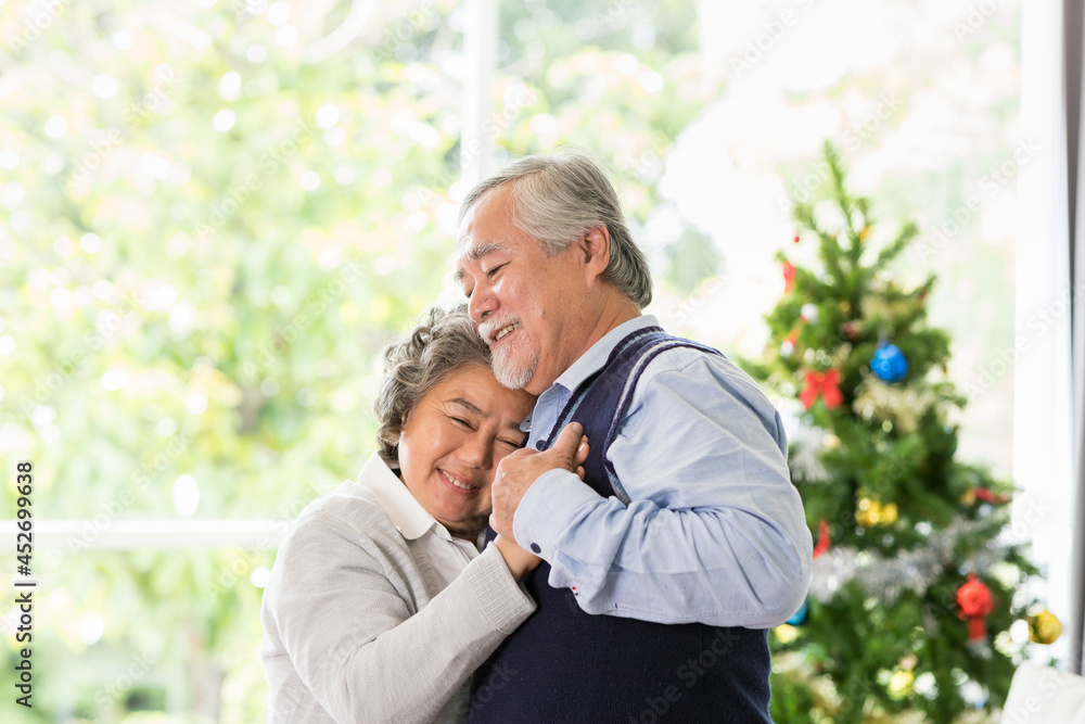 Fototapeta premium Happy Asian senior man embracing his wife on Christmas day at home. Senior couple spending time together with Christmas tree. Merry Christmas and Happy Holidays. Christmas holiday celebration