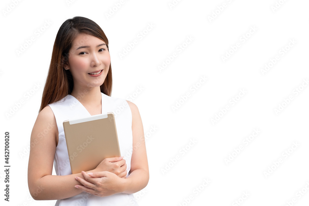 Portrait of Asian businesswoman holding digital tablet against white background. concept of career and hiring Portrait of Asian businesswoman holding digital tablet against white background. concept of career and hiring