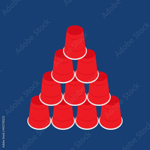 Red beer cup vector. Beer pong poster design. Plastic cup stack.