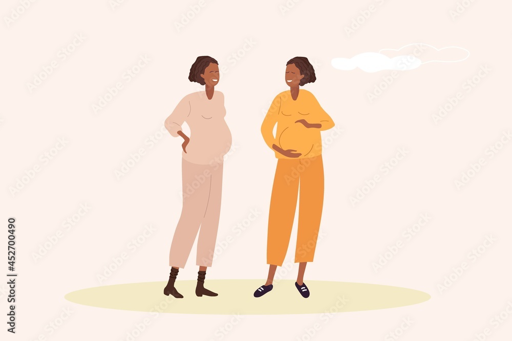 Two happy pregnant women walk. Cute smiling female characters are chatting. Two African American friends talk on walk. Waiting for boy or girl. Ladies in motherhood. Flat vector illustration isolated. Two happy pregnant women walk. Cute smiling female characters are chatting. Two African American friends talk on walk. Waiting for boy or girl. Ladies in motherhood. Flat vector illustration isolated.