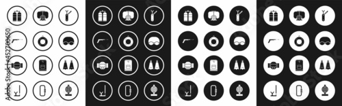 Set Swiss army knife, Lifebuoy, Fishing harpoon, Aqualung, Glasses and cap for swimming, Diving mask, Rubber flippers and watch icon. Vector