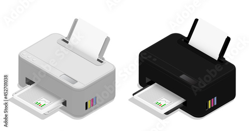 Isometric inkjet printer. Printing documents in office using copiers. Realistic 3D vector isolated on white background