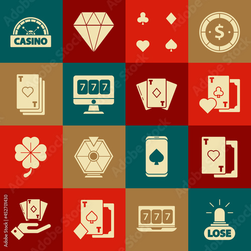 Set Casino losing, Playing card with heart, clubs symbol, cards, Online slot machine lucky sevens jackpot, signboard and diamonds icon. Vector