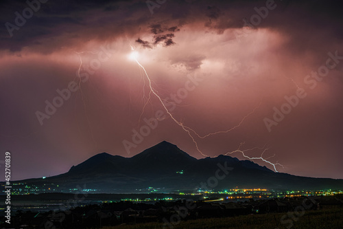 Thunderstorm over Mount Beshtau at night