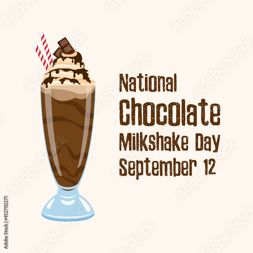 National Chocolate Milkshake Day vector. Glass of milkshake icon. Chocolate milkshake with cocoa topping and whipped cream vector. Chocolate Milkshake Day Poster, September 12. Important day