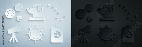 Set Sun, Great Bear constellation, Telescope, Planet, Dog in astronaut helmet and icon. Vector