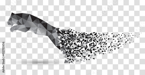 jumping tiger from disintegrating polygons in grunge style on transparent background