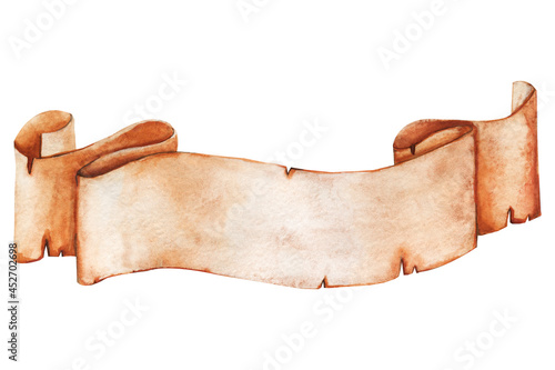 Vintage ribbon banner, paper vintage roll, place for an inscription. Old paper texture. Hand drawn watercolor illustration isolated on white background. Design won, banner, postcard, Halloween