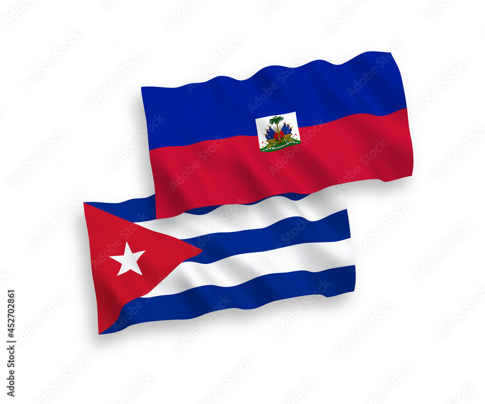 National vector fabric wave flags of Republic of Haiti and Cuba isolated on white background. 1 to 2 proportion.