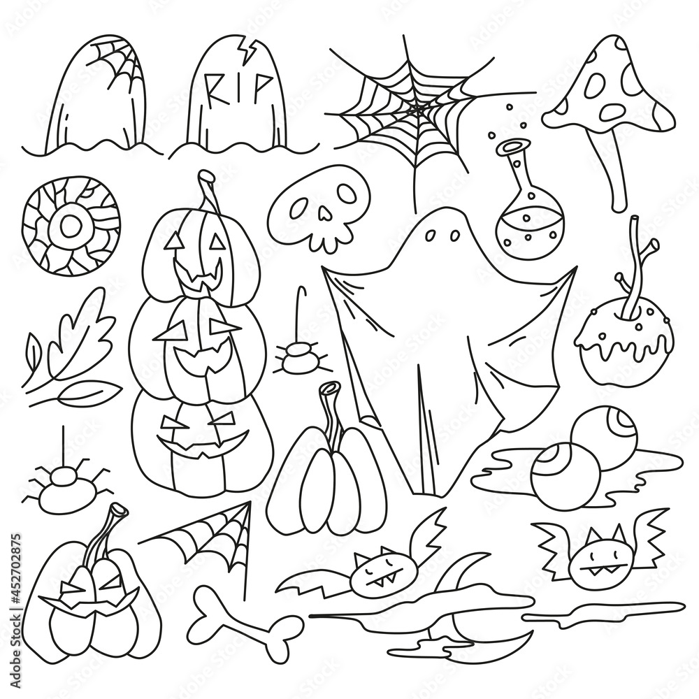 Halloween concept. hand drawn set of doodle outline Halloween elements. bat, poison, mushroom, cute ghost, pumpkin, bone, caramel apple, eyes, leaves, skull, spider, moon. isolated vector illustration