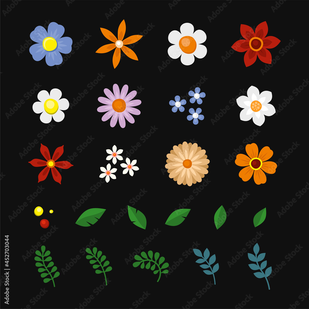 Obraz premium Flowers and Leaf Icons Set on Black Background. Vector