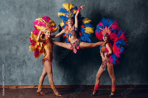 Three Woman in brazilian samba carnival costume with colorful feathers plumage.
