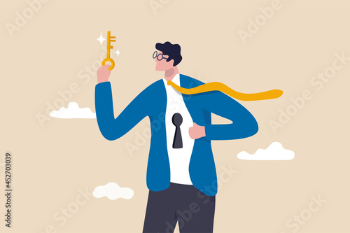 Unlock true potential, your ideal self to success in career or business, secret mind or skill to solve problem concept, confidence businessman holding golden key about to unlock keyhole on his shirt.