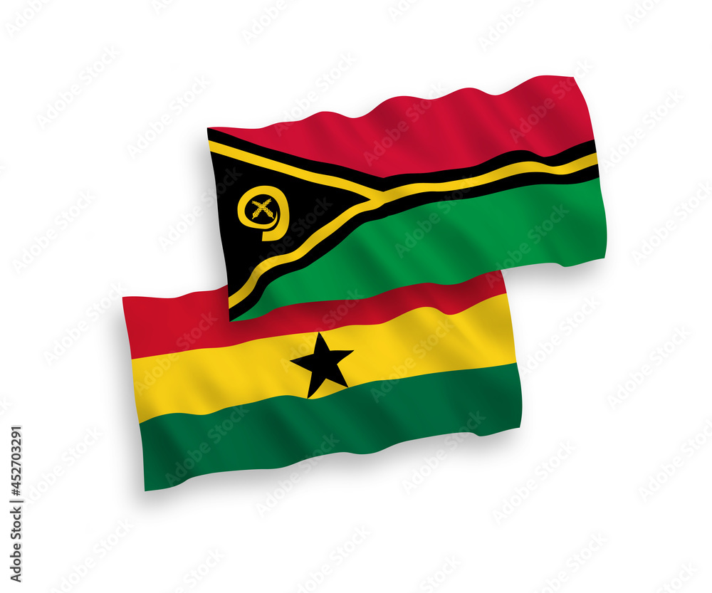 Obraz premium National vector fabric wave flags of Republic of Vanuatu and Ghana isolated on white background. 1 to 2 proportion.