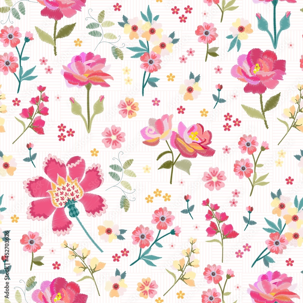 Seamless natural pattern with delicate embroidered satin stitch flowers with pink and yellow petals on a white background. Fabric print, wallpaper sample.
