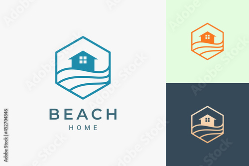 Sea or beach theme hotel logo in simple line and hexagon shape