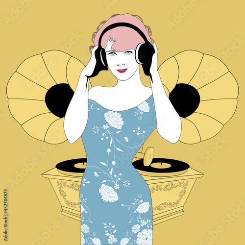 DJ Woman retro style with headphones among vintage gramophones