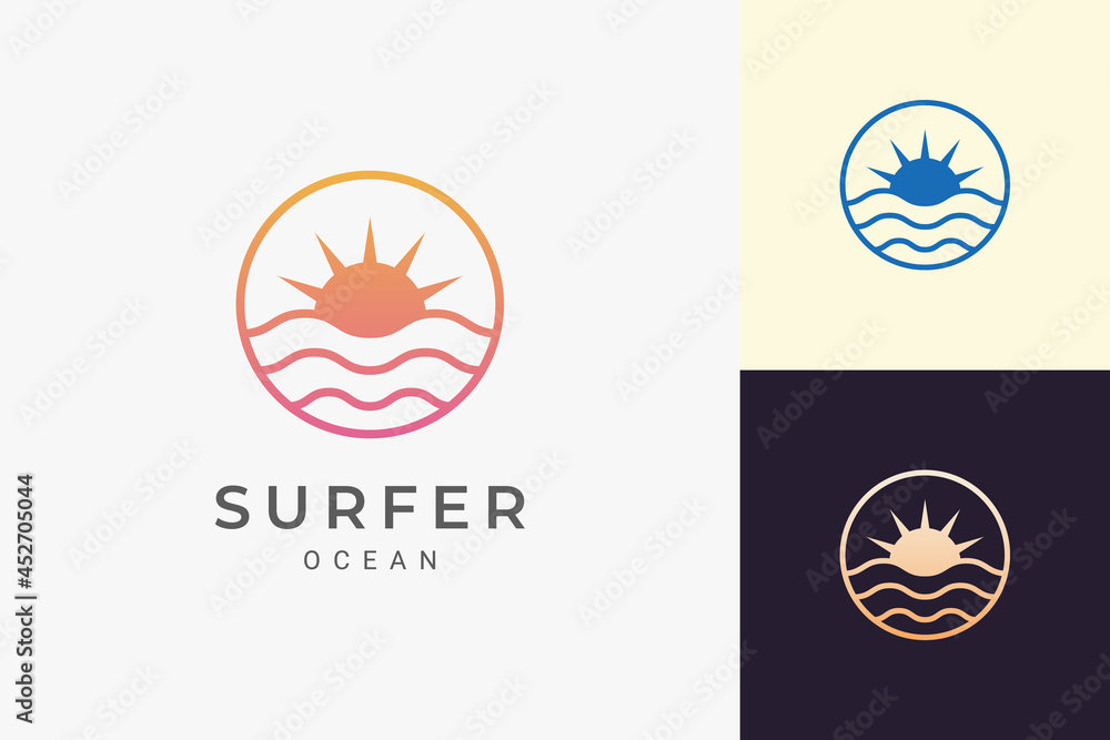 Simple sea or surf logo with ocean wave and sun in circle shape