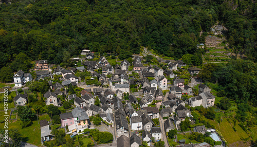 Top view of the village of Avegno in Ticino, Switzerland. Shooting with the drone. photo