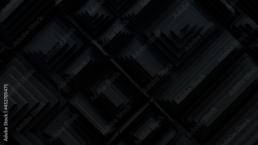 Black, Tech Background with a Geometric 3D Structure. Dark, Stepped design with Extruded Futuristic Forms. 3D Render.